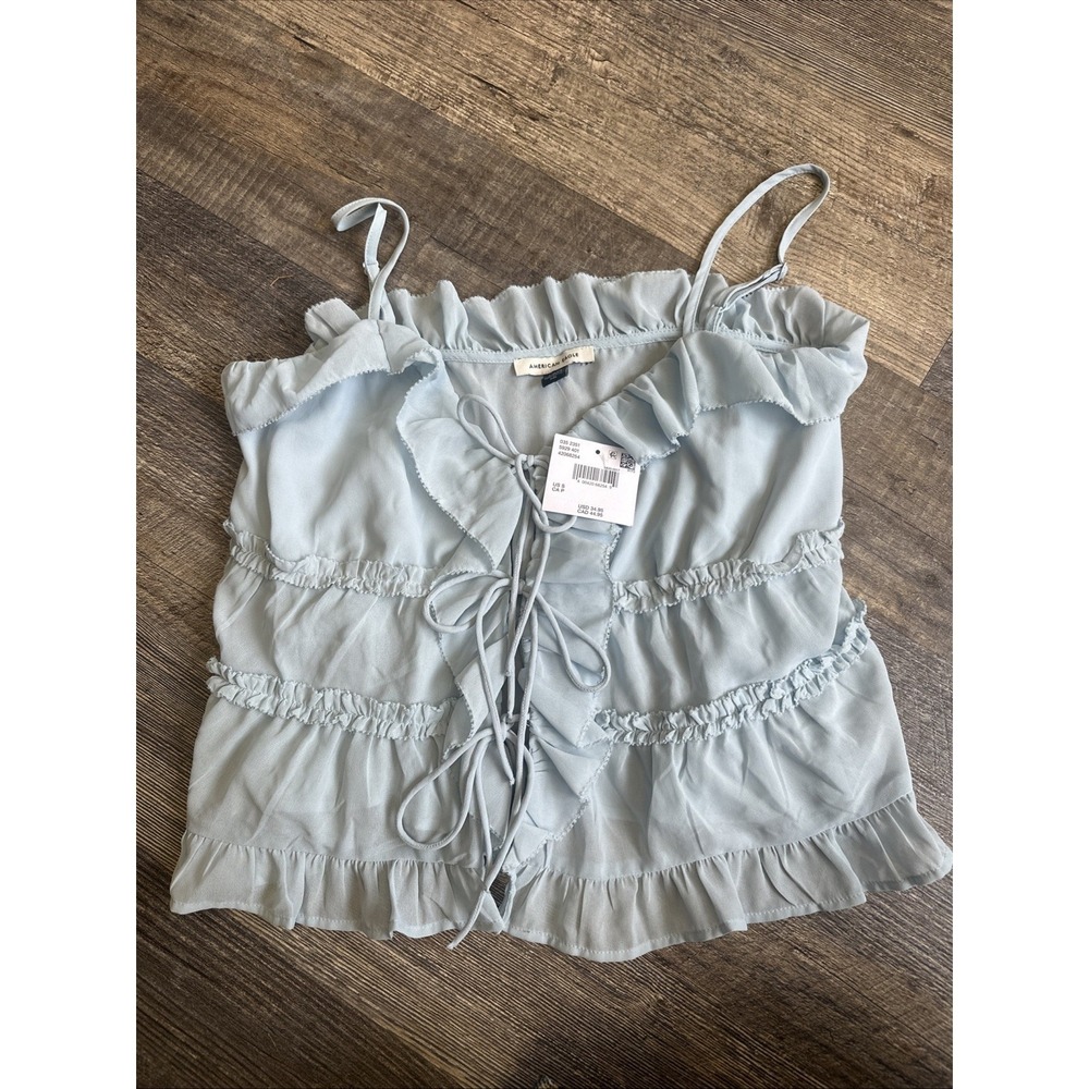 American Eagle Babydoll Light Blue Ruffle Tie Front Camisole Tank Top Small